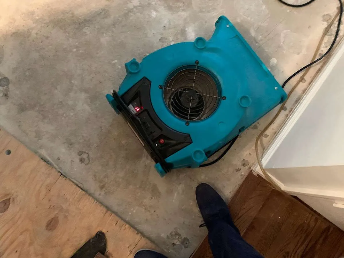 Air mover drying subfloor during Leak Detection & Repair in Coventry